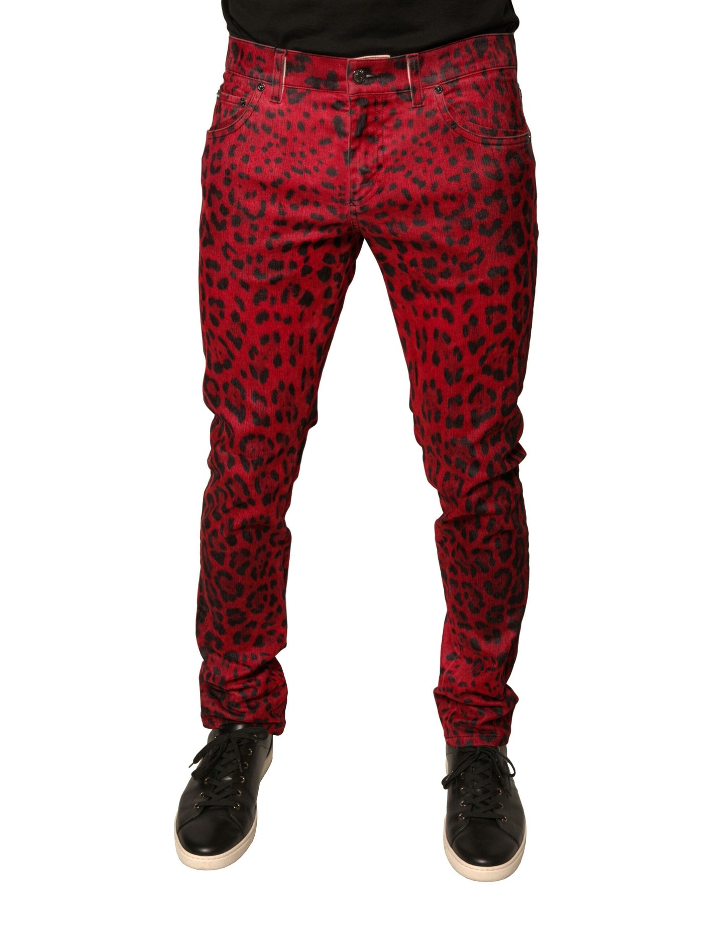 Dolce &amp; Gabbana – Rote Skinny-Jeans aus Baumwollstretch mit Leopardenmuster