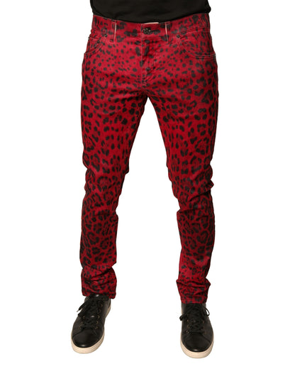 Dolce &amp; Gabbana – Rote Skinny-Jeans aus Baumwollstretch mit Leopardenmuster