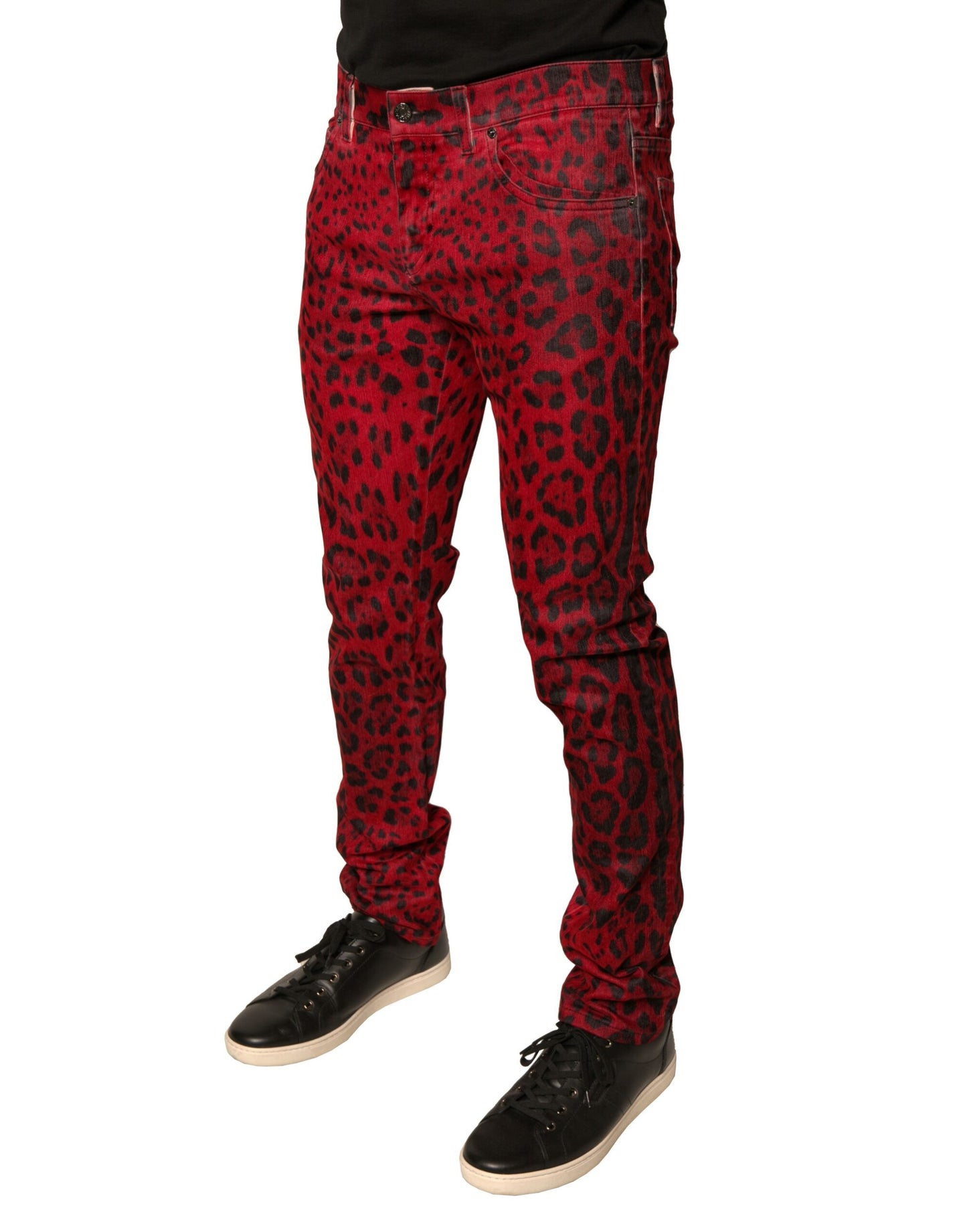 Dolce &amp; Gabbana – Rote Skinny-Jeans aus Baumwollstretch mit Leopardenmuster