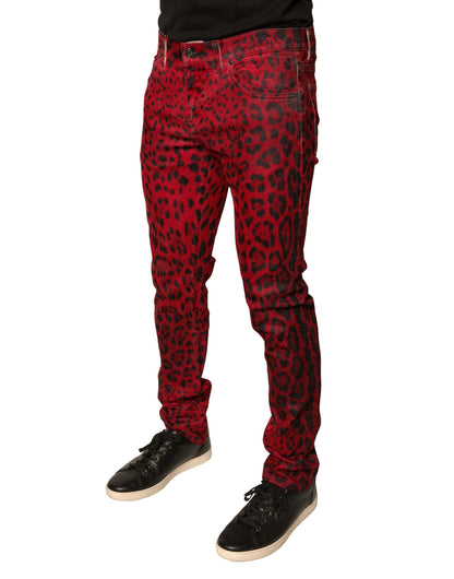 Dolce &amp; Gabbana – Rote Skinny-Jeans aus Baumwollstretch mit Leopardenmuster