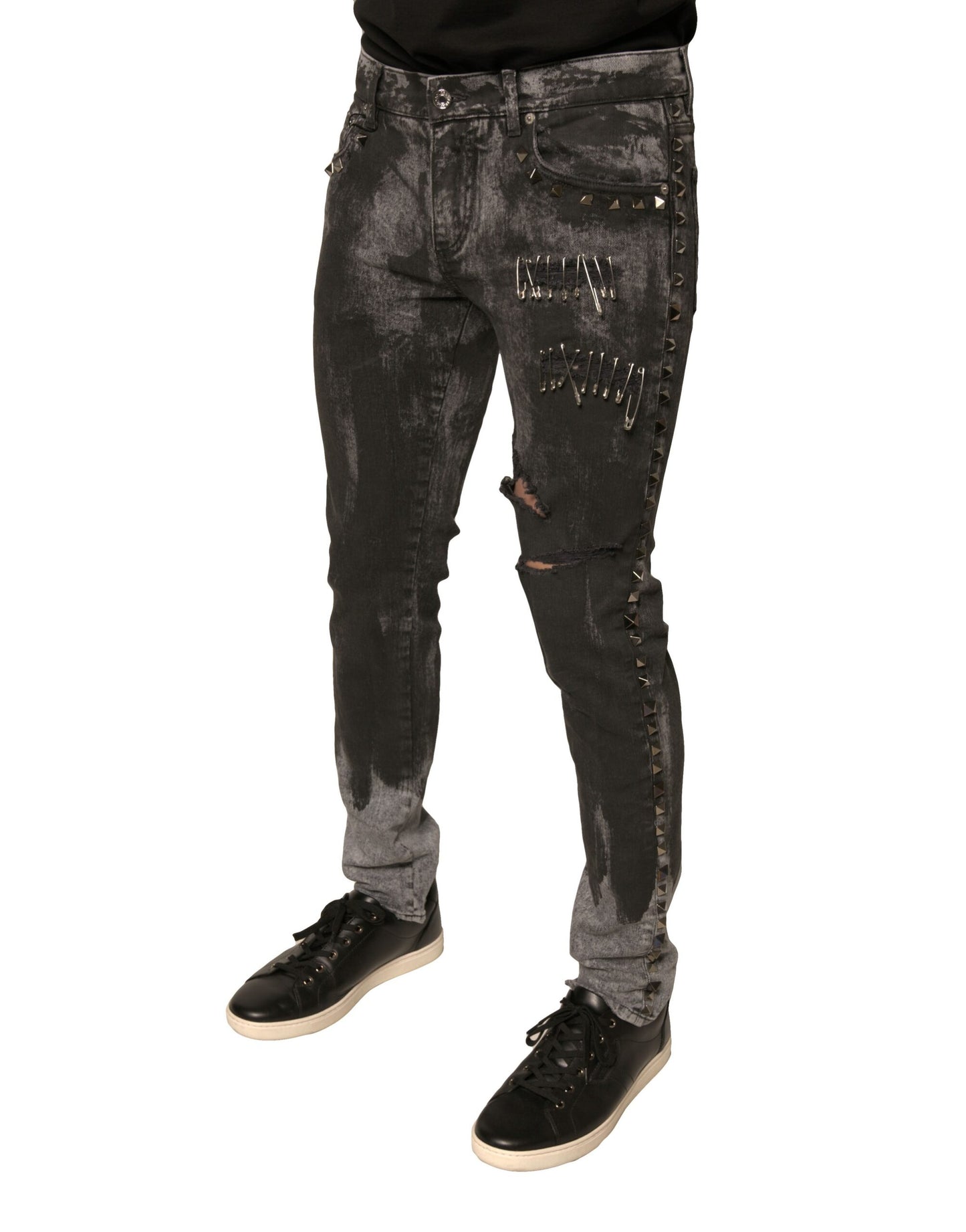 Dolce &amp; Gabbana – Graue Skinny-Jeans aus Baumwolle mit Verzierung