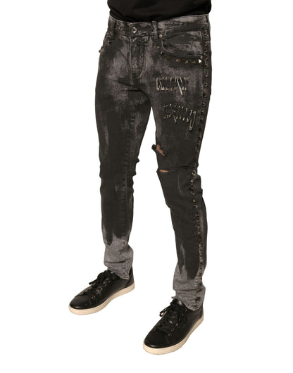 Dolce &amp; Gabbana – Graue Skinny-Jeans aus Baumwolle mit Verzierung