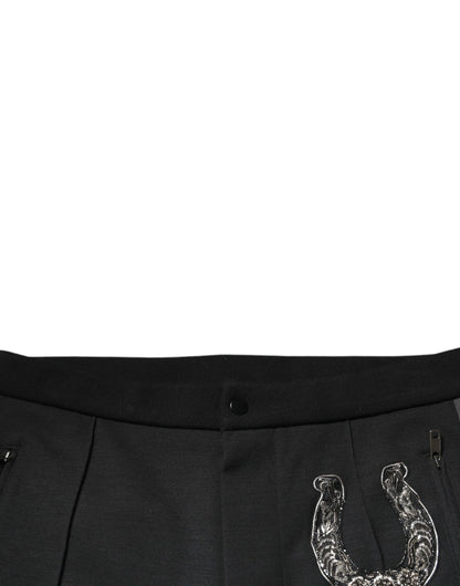 Dolce &amp; Gabbana – Schwarze, schmal geschnittene Wollhose mit Hufeisenverzierung