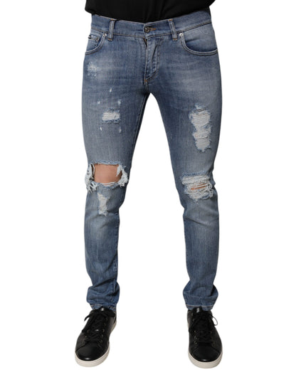 Dolce &amp; Gabbana – Blaue Skinny-Jeans aus zerfetztem Baumwollstretch