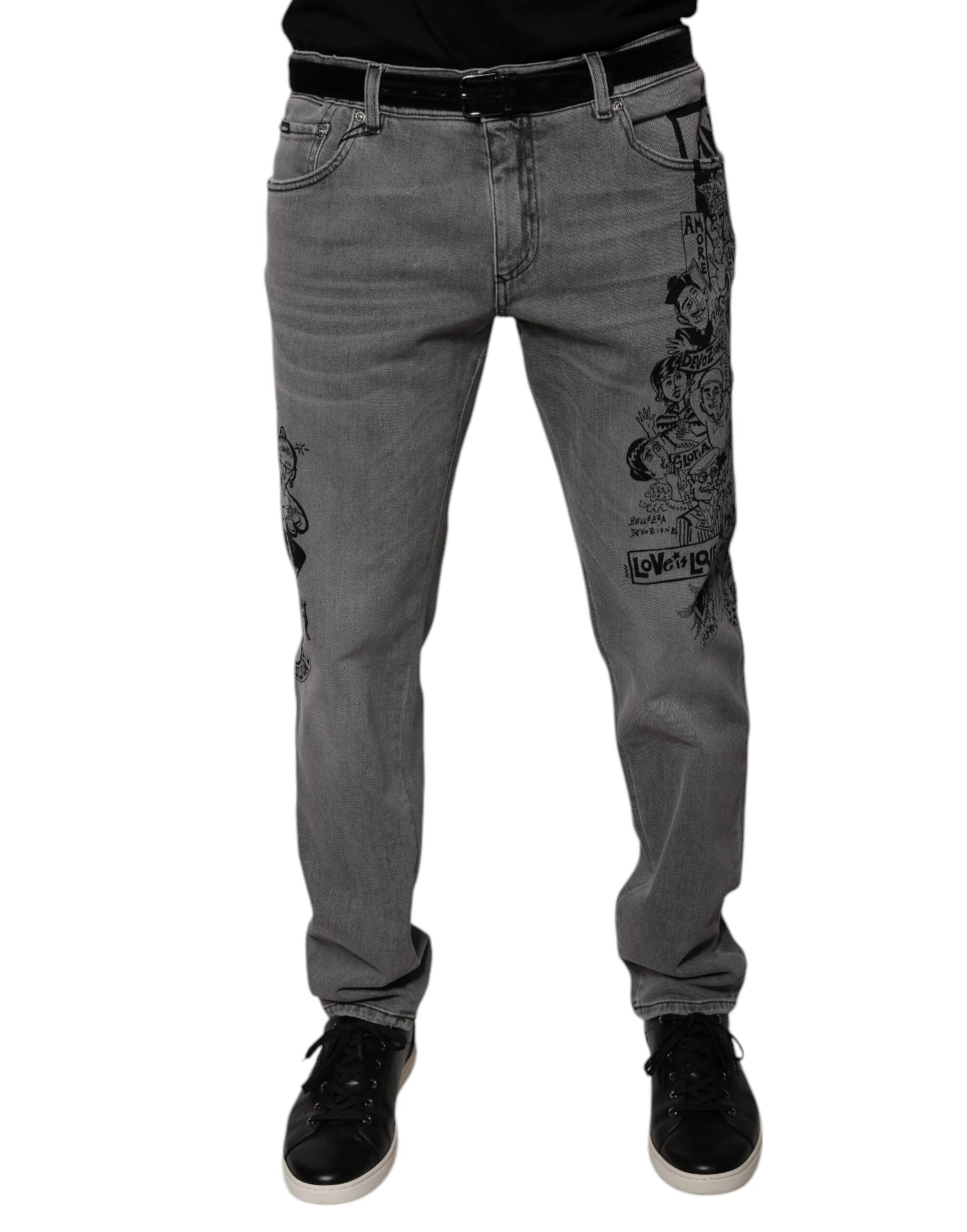 Dolce &amp; Gabbana – Graue Skinny-Jeans aus Baumwolle mit Grafikdruck