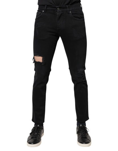 Dolce &amp; Gabbana – Schwarze Skinny-Jeans aus zerfetztem Baumwolldenim mit Logo