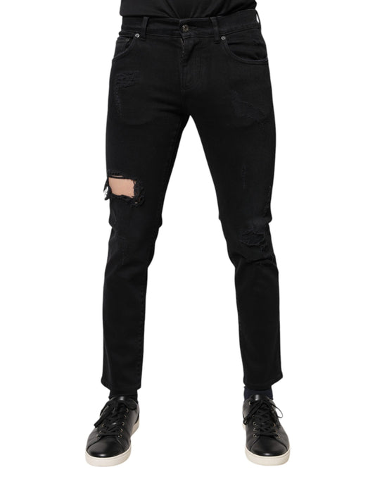 Dolce &amp; Gabbana – Schwarze Skinny-Jeans aus zerfetztem Baumwolldenim mit Logo
