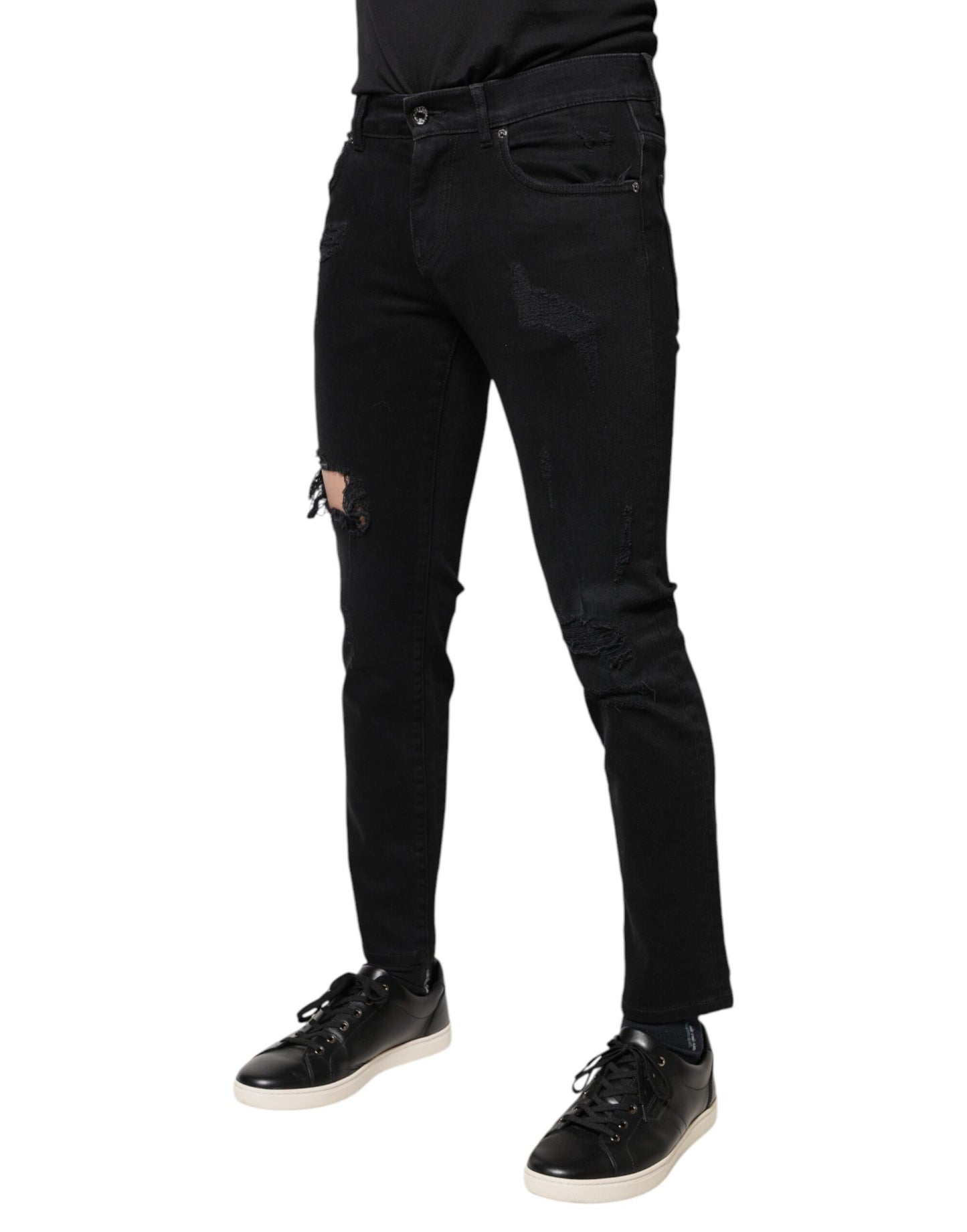 Dolce &amp; Gabbana – Schwarze Skinny-Jeans aus zerfetztem Baumwolldenim mit Logo
