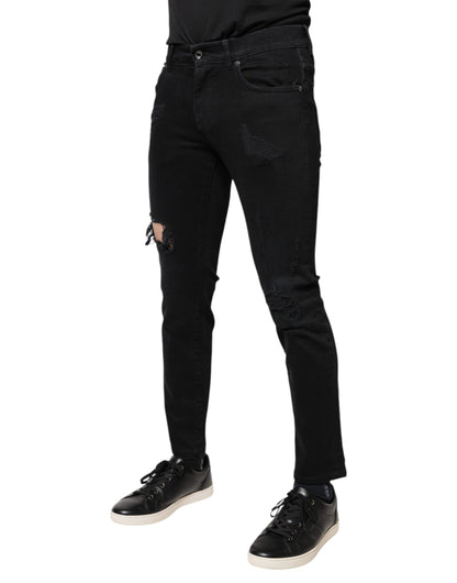 Dolce &amp; Gabbana – Schwarze Skinny-Jeans aus zerfetztem Baumwolldenim mit Logo
