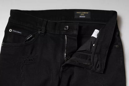 Dolce &amp; Gabbana – Schwarze Skinny-Jeans aus zerfetztem Baumwolldenim mit Logo