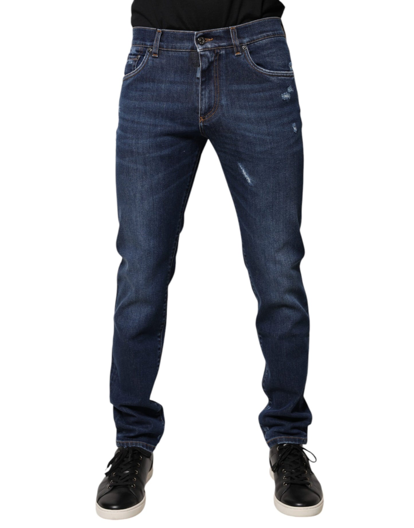 Dolce &amp; Gabbana – Slim Fit-Jeans aus Baumwolle mit Logo-Print in Blau