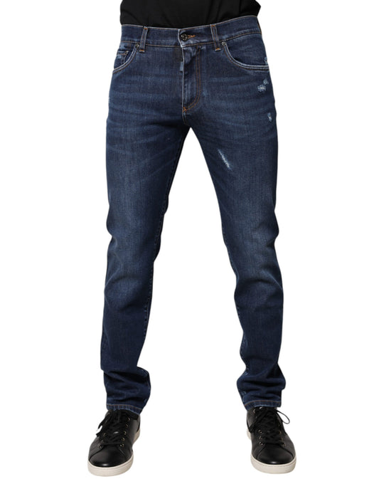 Dolce &amp; Gabbana – Slim Fit-Jeans aus Baumwolle mit Logo-Print in Blau