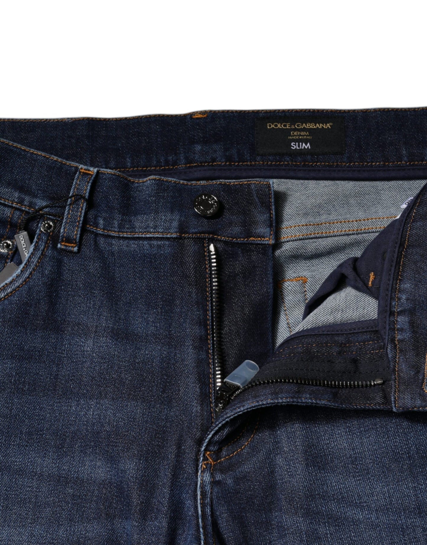 Dolce &amp; Gabbana – Slim Fit-Jeans aus Baumwolle mit Logo-Print in Blau