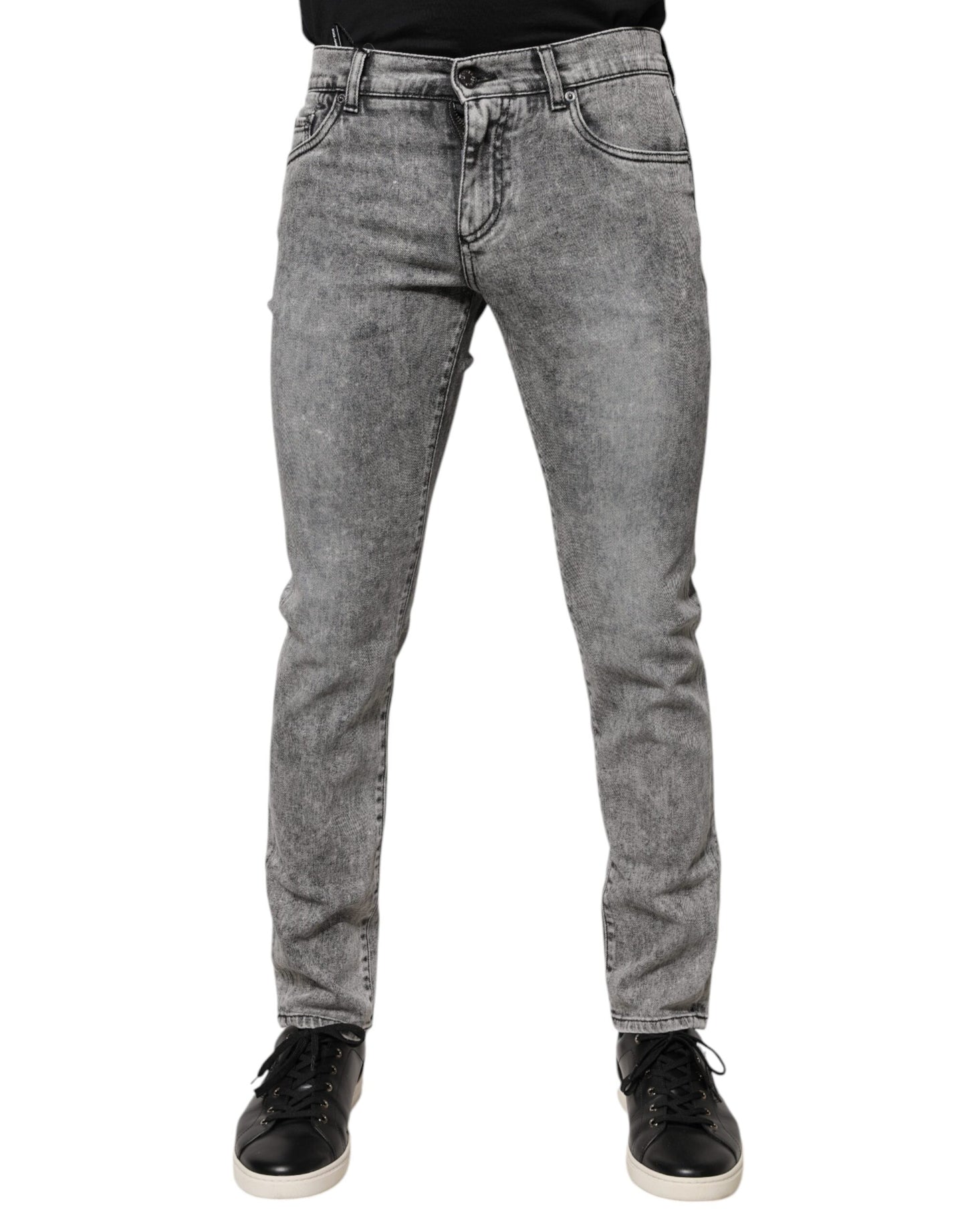 Dolce &amp; Gabbana – Slim Fit-Jeans aus Baumwolle mit Logo-Schild in Grau