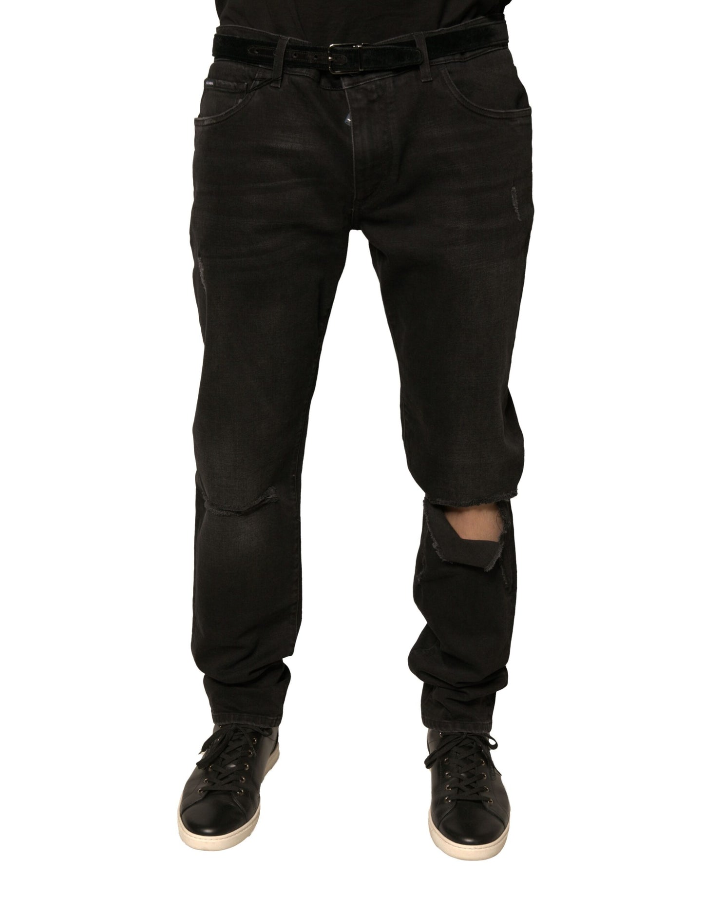 Dolce &amp; Gabbana – Schwarze Skinny-Jeans aus Baumwolle mit Logo und Rissen