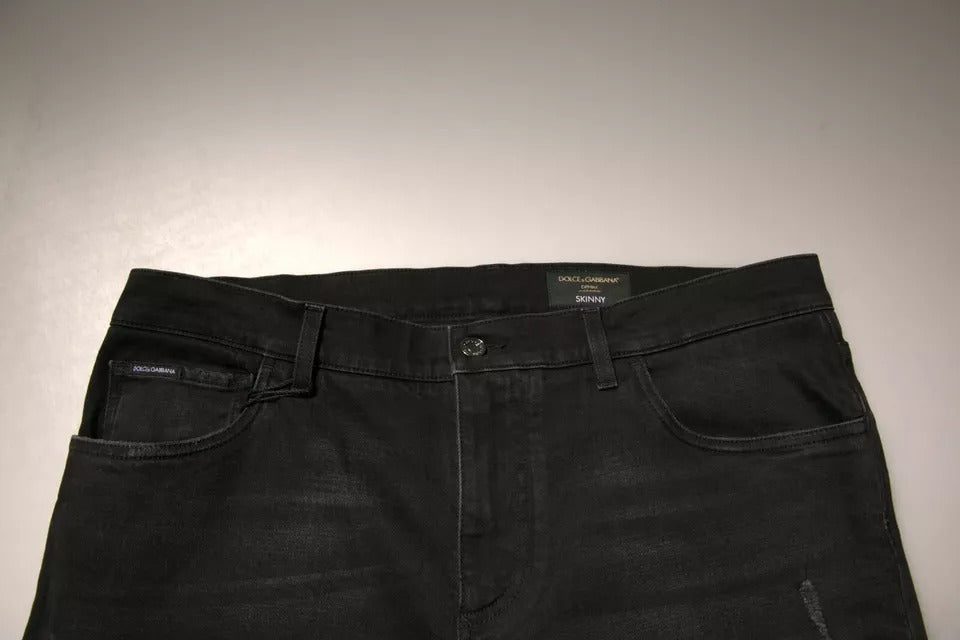 Dolce &amp; Gabbana – Schwarze Skinny-Jeans aus Baumwolle mit Logo und Rissen