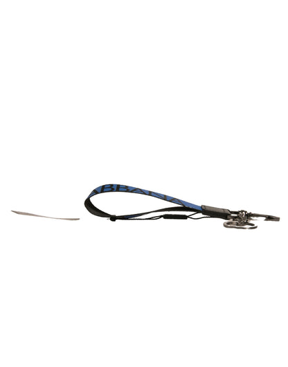 Dolce &amp; Gabbana Blaues Logo Polyester Silber Messing Halter Schlüsselanhänger Schlüsselring