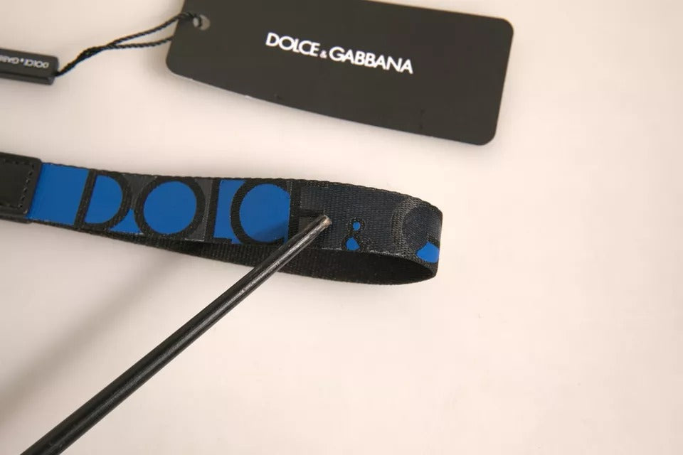 Dolce &amp; Gabbana Blaues Logo Polyester Silber Messing Halter Schlüsselanhänger Schlüsselring