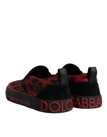 Dolce &amp; Gabbana Rot Schwarz Leopard Baumwolle Männer Low Top Sneakers Schuhe