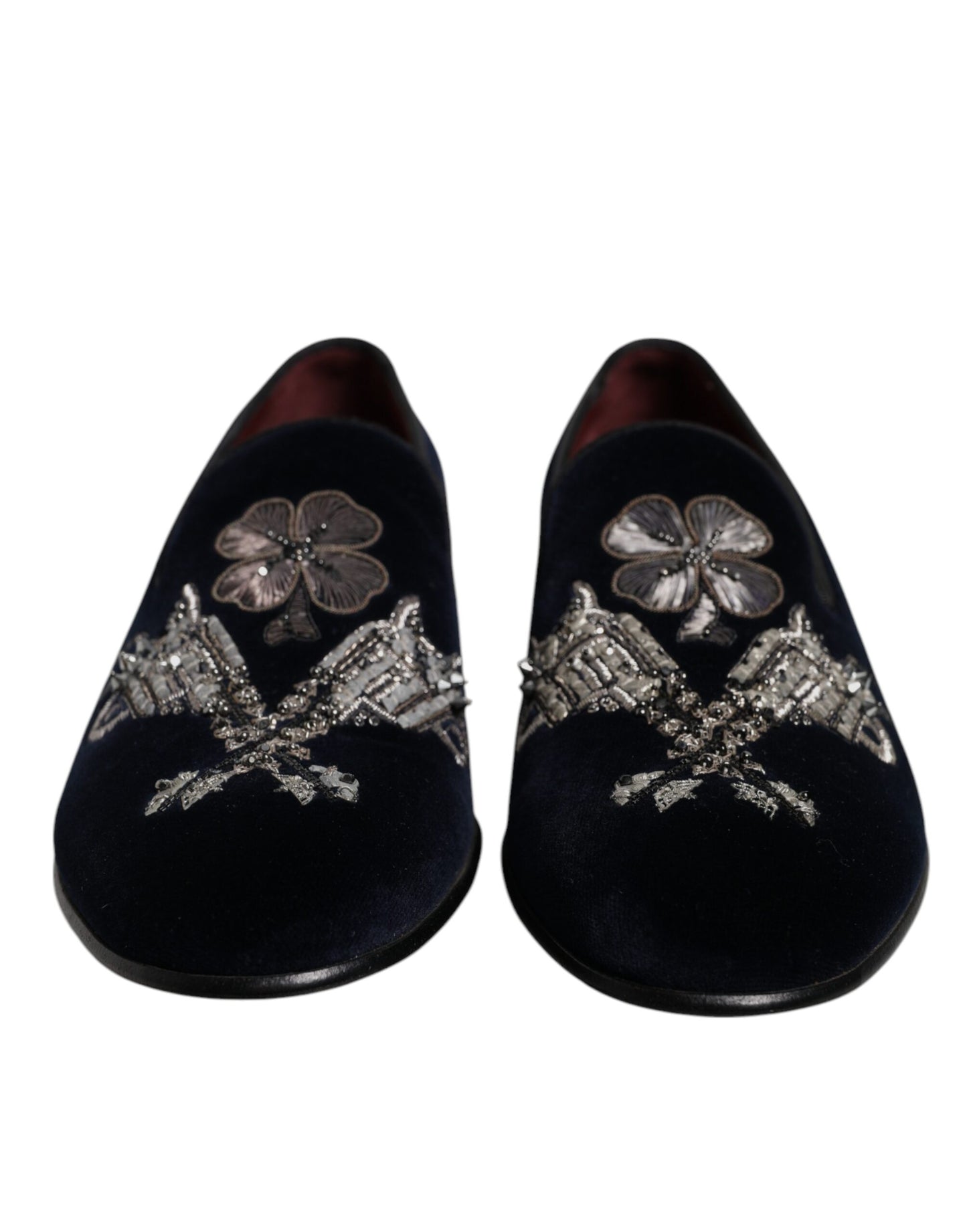 Dolce &amp; Gabbana – Loafer aus schwarzem Samt mit Blumenmuster und Pistolenmotiv