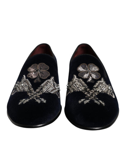 Dolce &amp; Gabbana – Loafer aus schwarzem Samt mit Blumenmuster und Pistolenmotiv
