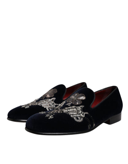 Dolce &amp; Gabbana – Loafer aus schwarzem Samt mit Blumenmuster und Pistolenmotiv