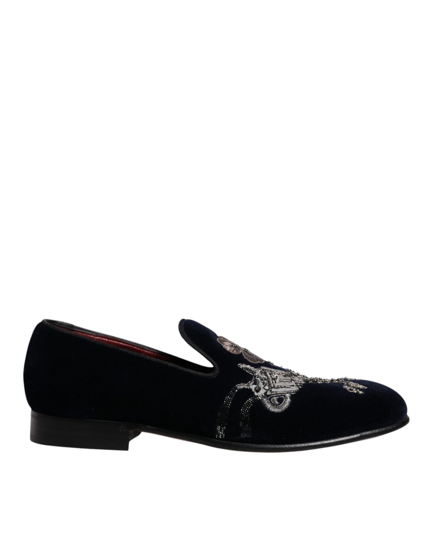 Dolce &amp; Gabbana – Loafer aus schwarzem Samt mit Blumenmuster und Pistolenmotiv