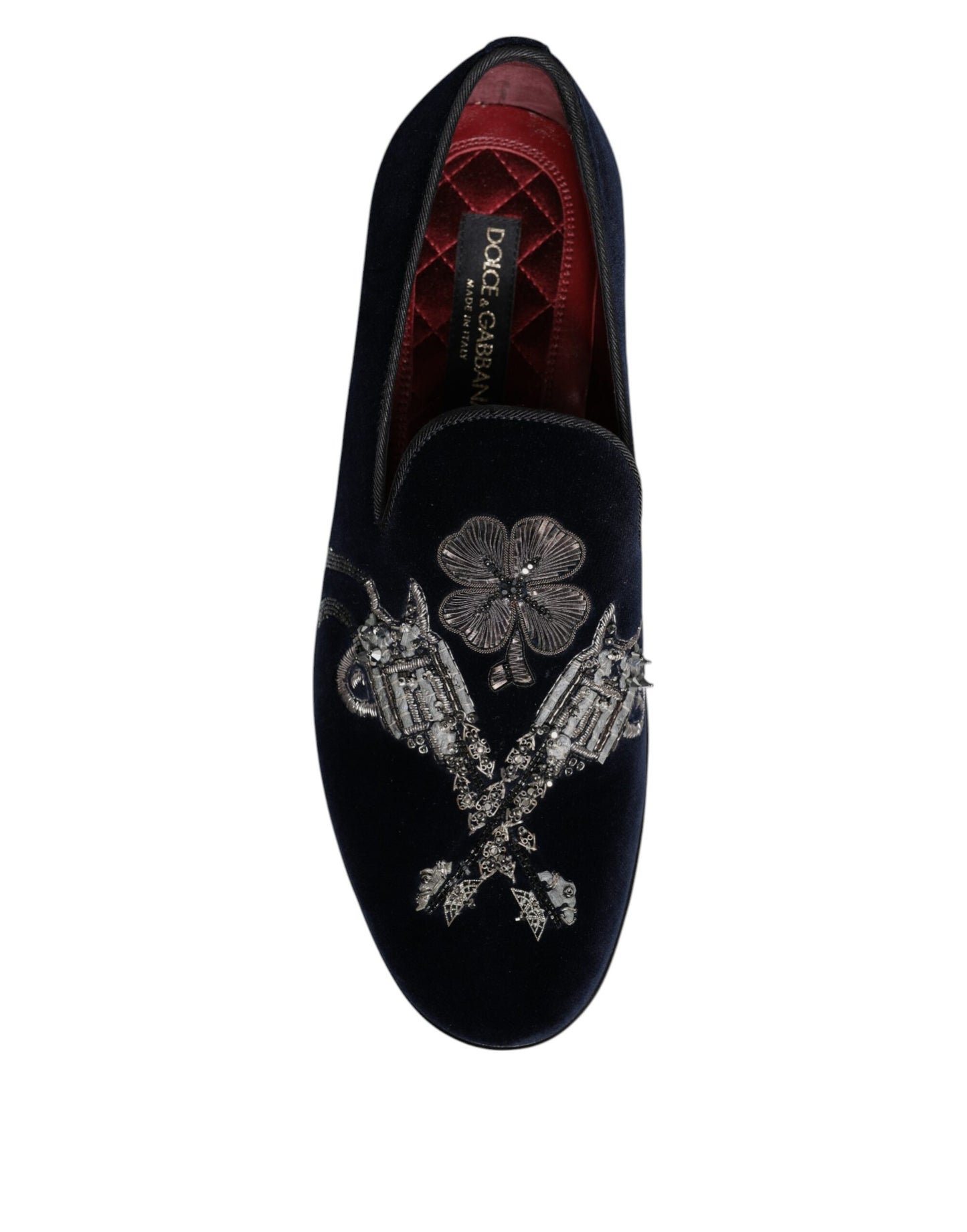 Dolce &amp; Gabbana – Loafer aus schwarzem Samt mit Blumenmuster und Pistolenmotiv
