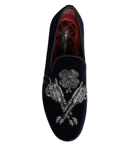 Dolce &amp; Gabbana – Loafer aus schwarzem Samt mit Blumenmuster und Pistolenmotiv