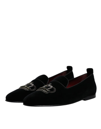 Dolce &amp; Gabbana – Schwarze Loafer aus Samt mit Kristallkrone und formeller Kleidung