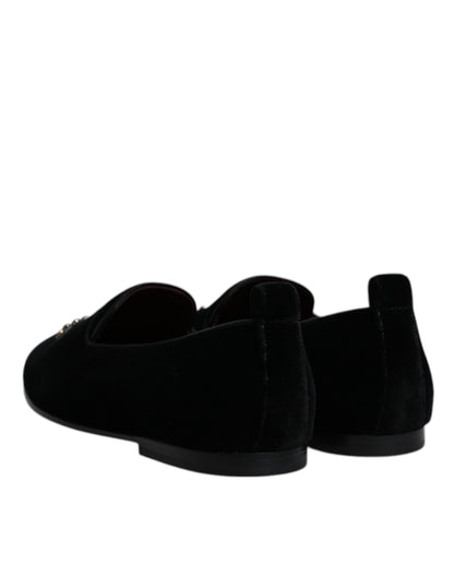 Dolce &amp; Gabbana – Schwarze Loafer aus Samt mit Kristallkrone und formeller Kleidung