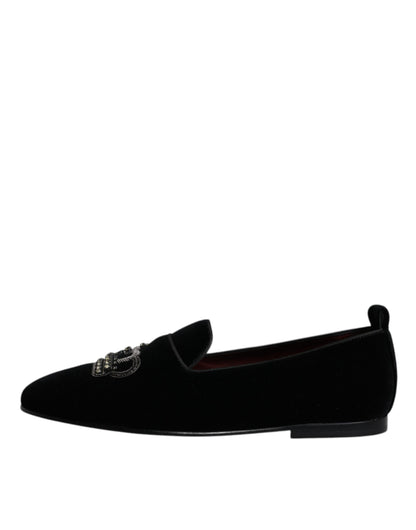 Dolce &amp; Gabbana – Schwarze Loafer aus Samt mit Kristallkrone und formeller Kleidung