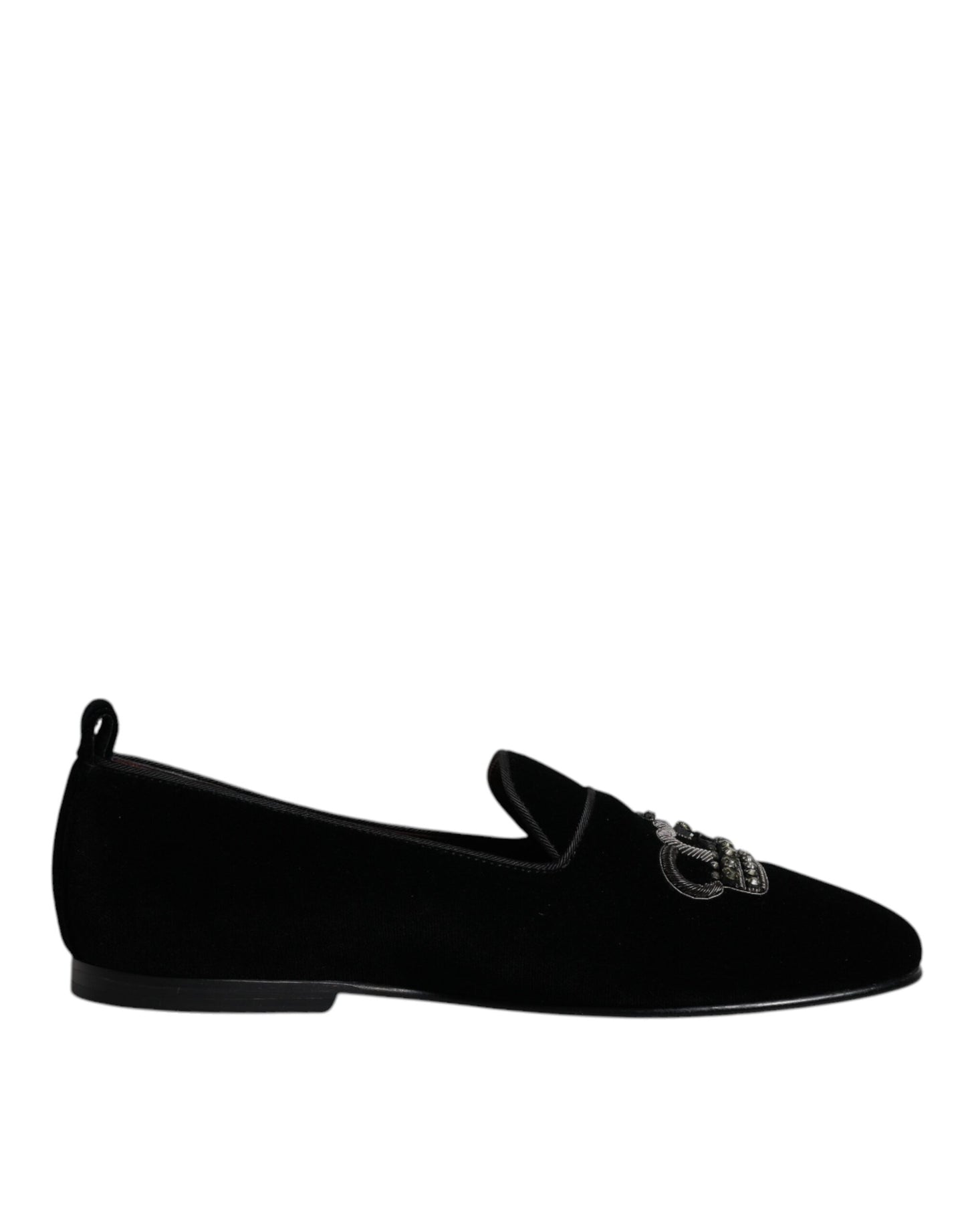 Dolce &amp; Gabbana – Schwarze Loafer aus Samt mit Kristallkrone und formeller Kleidung