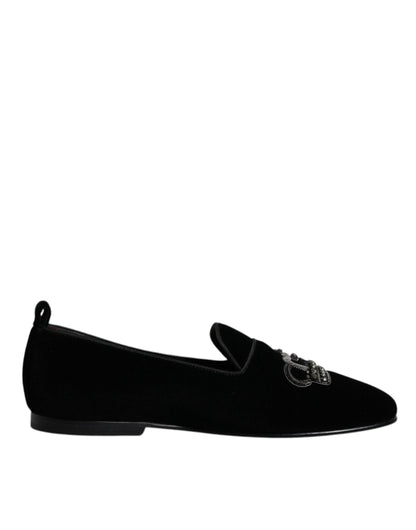 Dolce &amp; Gabbana – Schwarze Loafer aus Samt mit Kristallkrone und formeller Kleidung