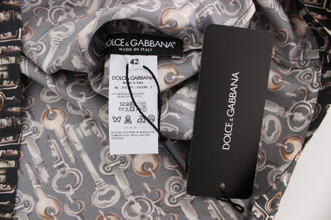 Dolce &amp; Gabbana – Seidenbluse mit grauem Gold-Schlüsseldruck