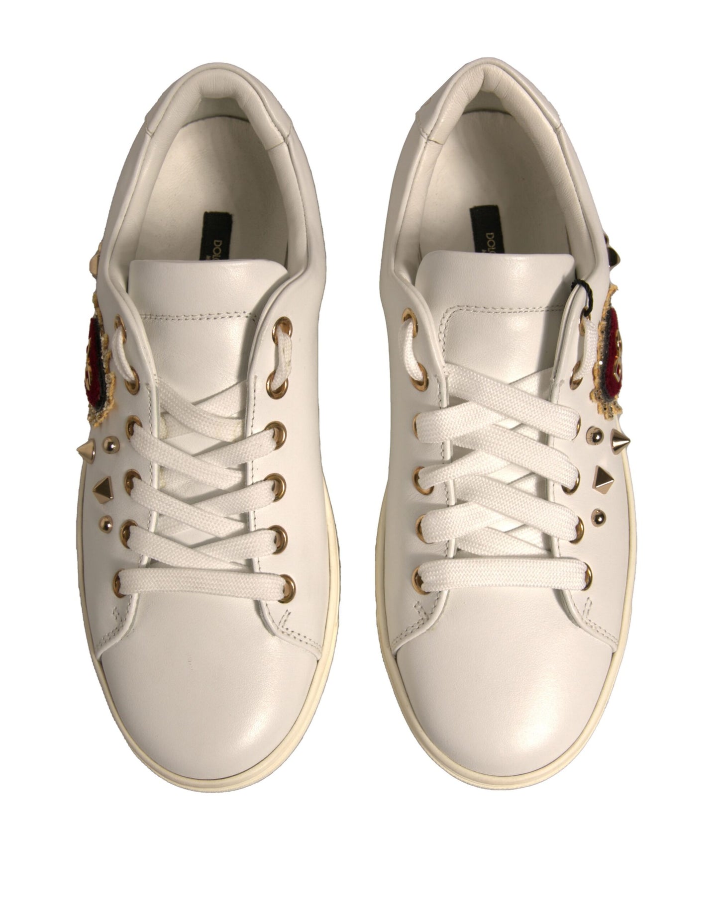 Dolce &amp; Gabbana Weiße Leder Gold Rote Herz Sneakers Schuhe