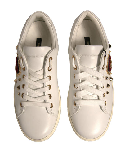Dolce &amp; Gabbana Weiße Leder Gold Rote Herz Sneakers Schuhe