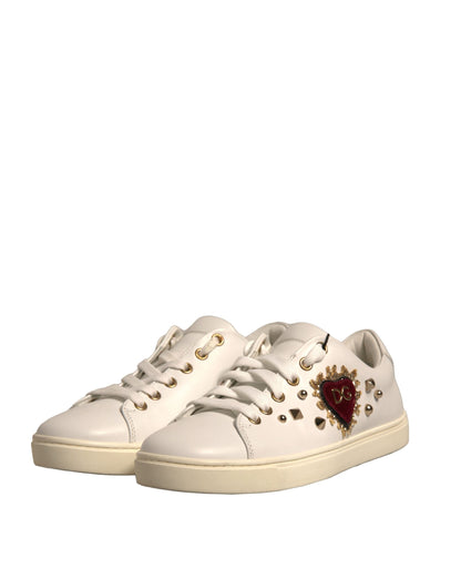 Dolce &amp; Gabbana Weiße Leder Gold Rote Herz Sneakers Schuhe