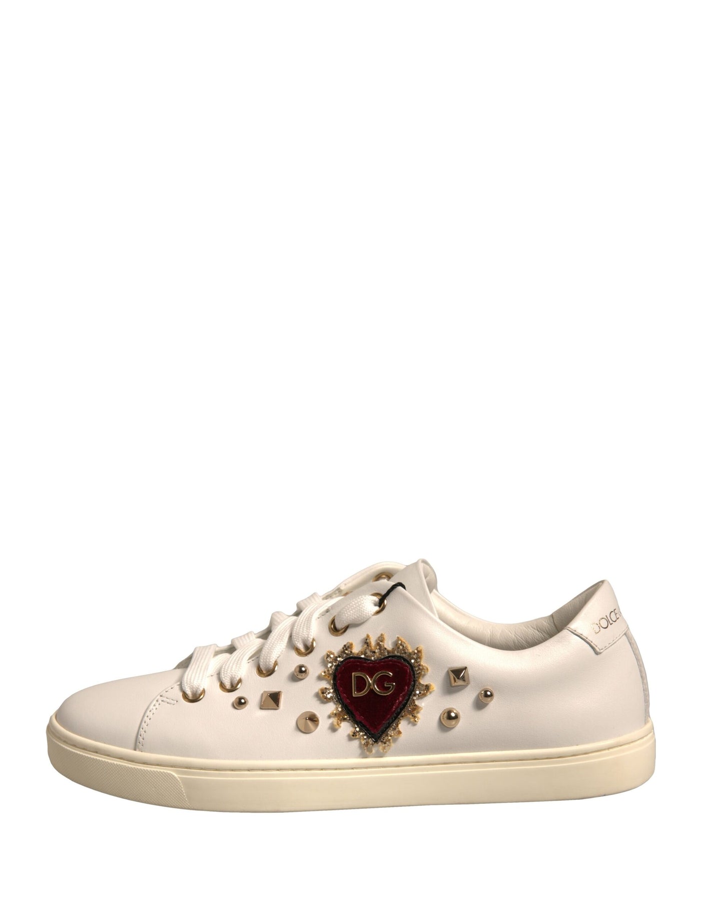 Dolce &amp; Gabbana Weiße Leder Gold Rote Herz Sneakers Schuhe