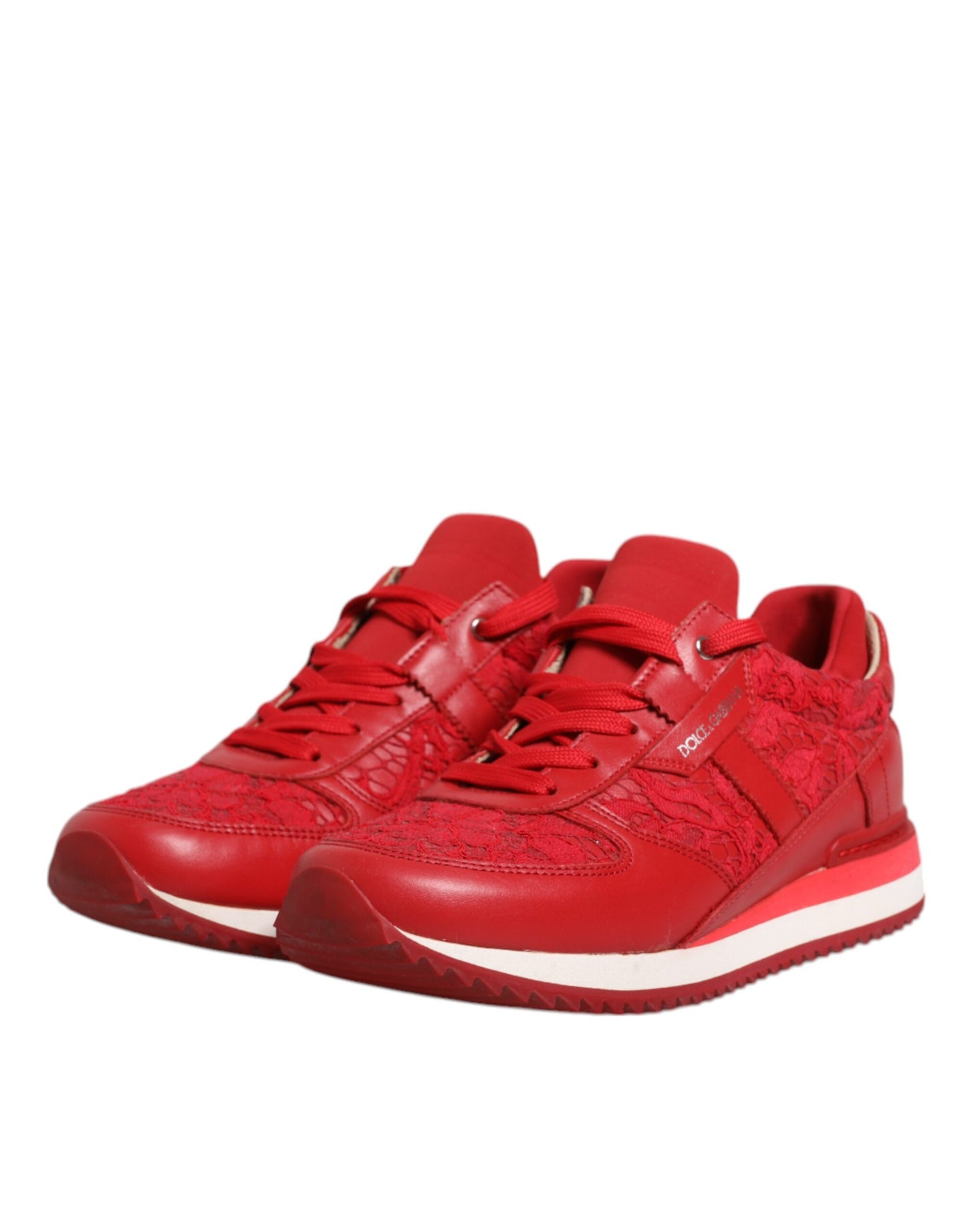 Dolce &amp; Gabbana Rote Sneakers aus Leder mit Blumenspitze