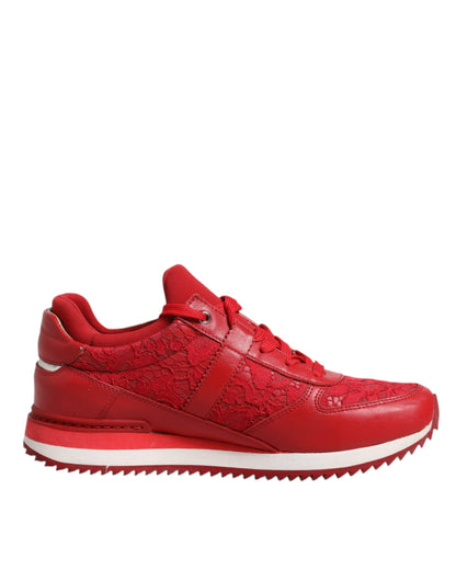 Dolce &amp; Gabbana Rote Sneakers aus Leder mit Blumenspitze