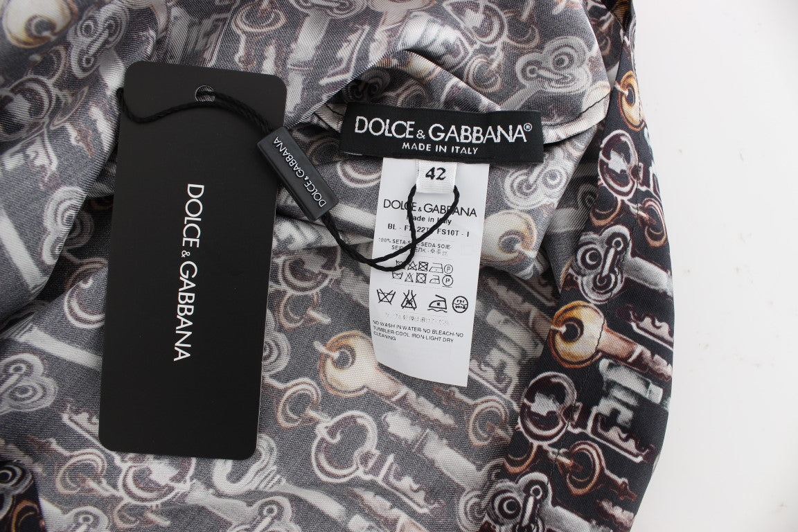 Dolce &amp; Gabbana – Seidenbluse mit grauem Gold-Schlüsseldruck