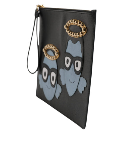 Dolce &amp; Gabbana Schwarzes Leder #DGFAMILY Verzierte Herren-Tasche mit Reißverschluss