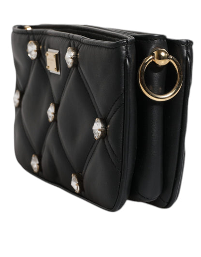 Dolce & Gabbana Black Leather Crystal Embellished Logo Shoulder Bag