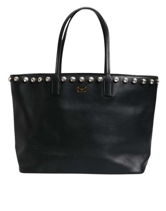 Dolce & Gabbana Black Crystal Leather Shopping Women Tote Bag