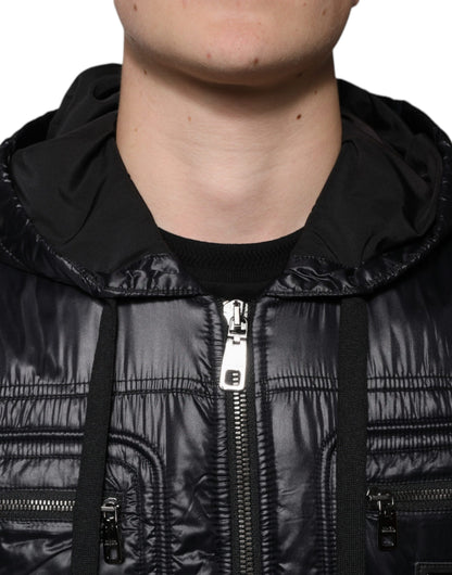 Dolce &amp; Gabbana – Schwarze Blousonjacke aus Nylon mit durchgehendem Reißverschluss und Kapuze