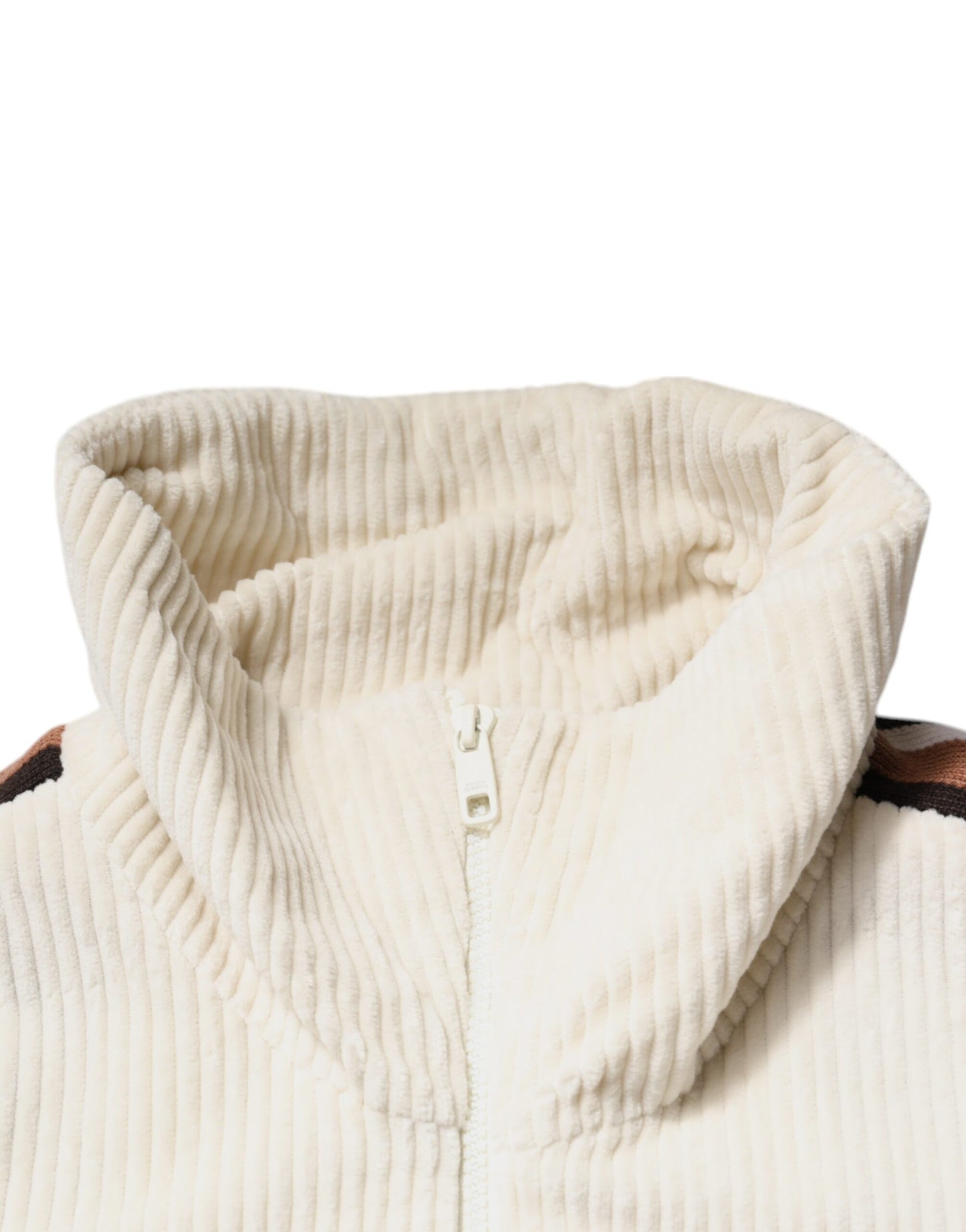 Dolce &amp; Gabbana – Beigefarbene Cordjacke aus Baumwollcord mit durchgehendem Reißverschluss und Logo-Applikation