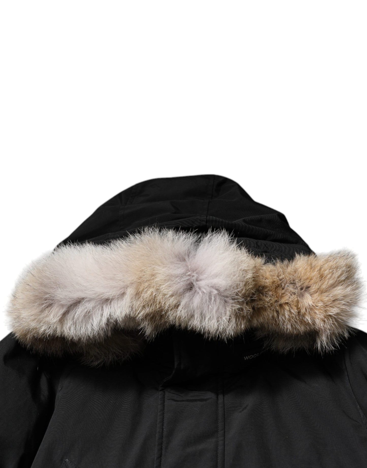 Woolrich – Schwarze, langärmlige Manteljacke aus Pelz und Lammfell mit Kapuze