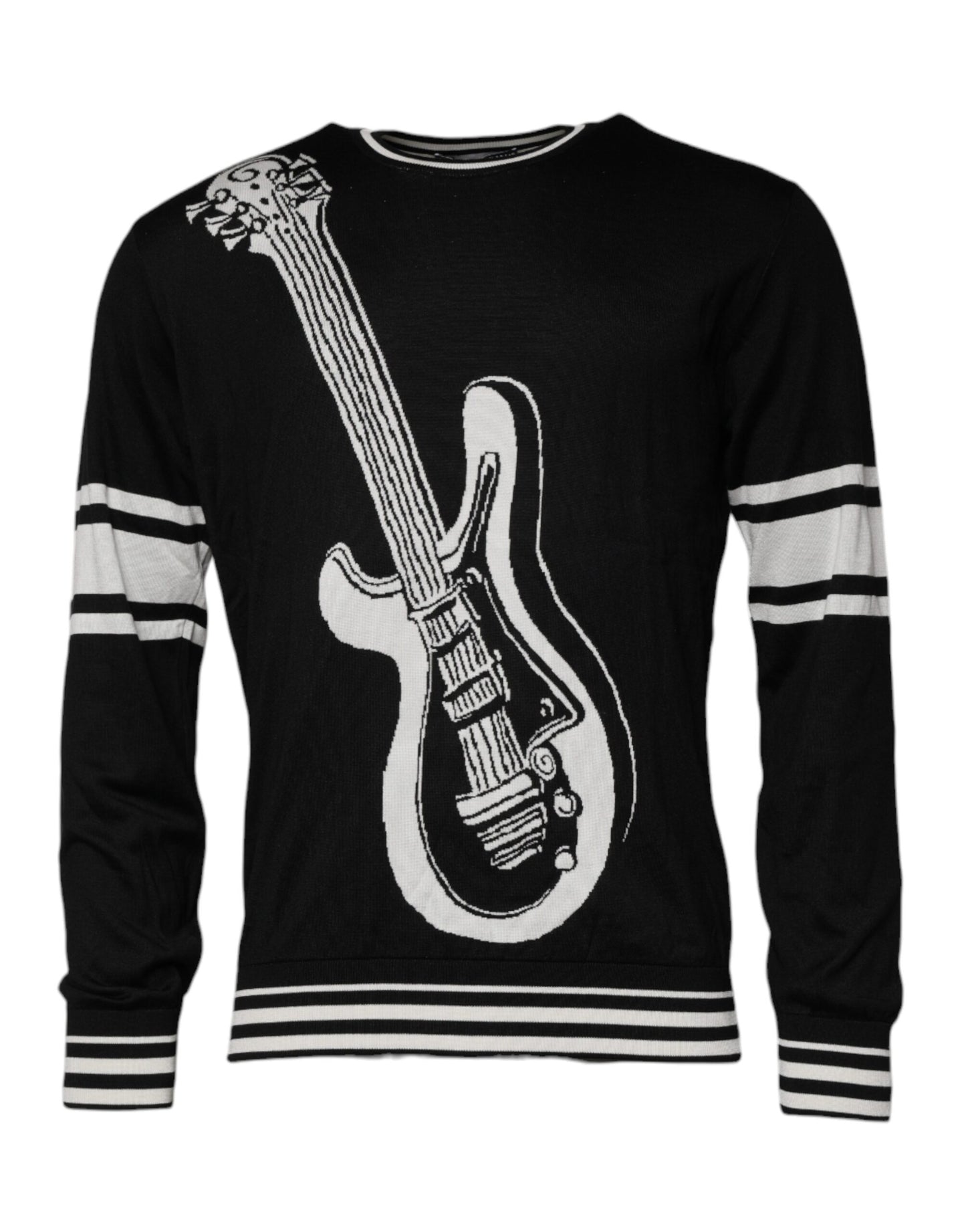 Dolce &amp; Gabbana Schwarz-weißer Pullover mit Rundhalsausschnitt aus Seide mit Gitarre