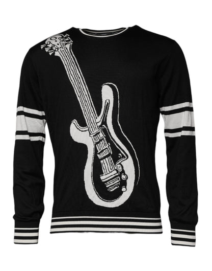 Dolce &amp; Gabbana Schwarz-weißer Pullover mit Rundhalsausschnitt aus Seide mit Gitarre